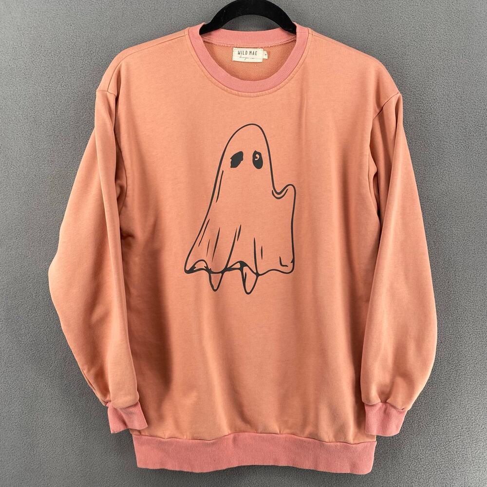Wild Mae Hi Ghost Crew‎ Sweatshirt Womens S Salmon Pink Cute Spooky Ghosties